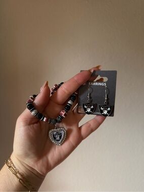 NFL Black and Silver Raiders Heart Charm Bracelet with Matching Earrings